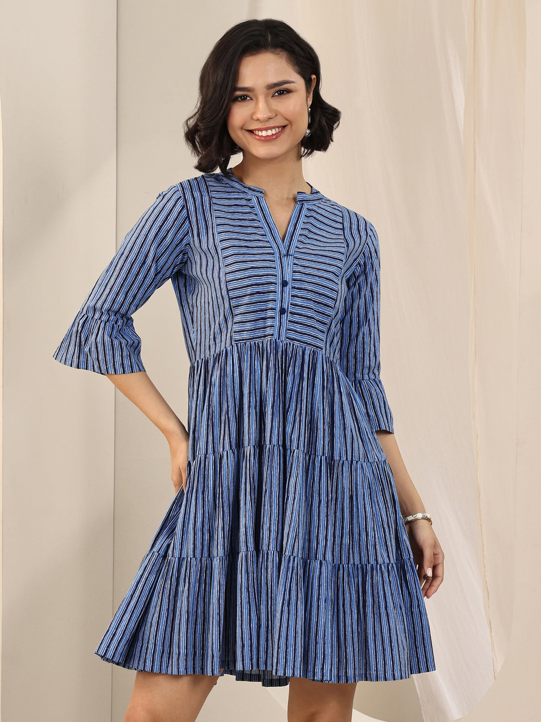Indigo Printed Cotton Fit and Flare One Piece Dress
