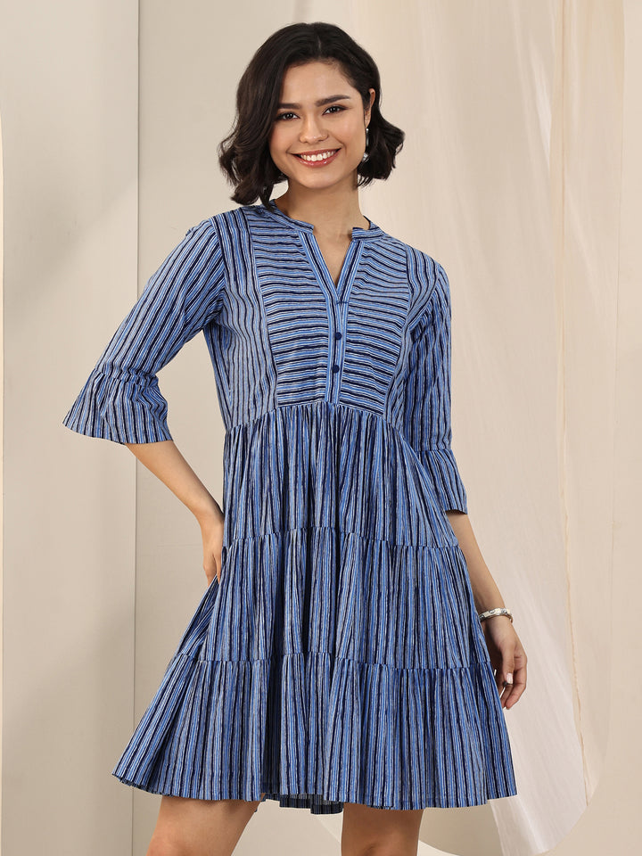Indigo Printed Cotton Fit and Flare One Piece Dress