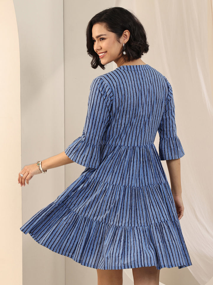 Indigo Printed Cotton Fit and Flare One Piece Dress