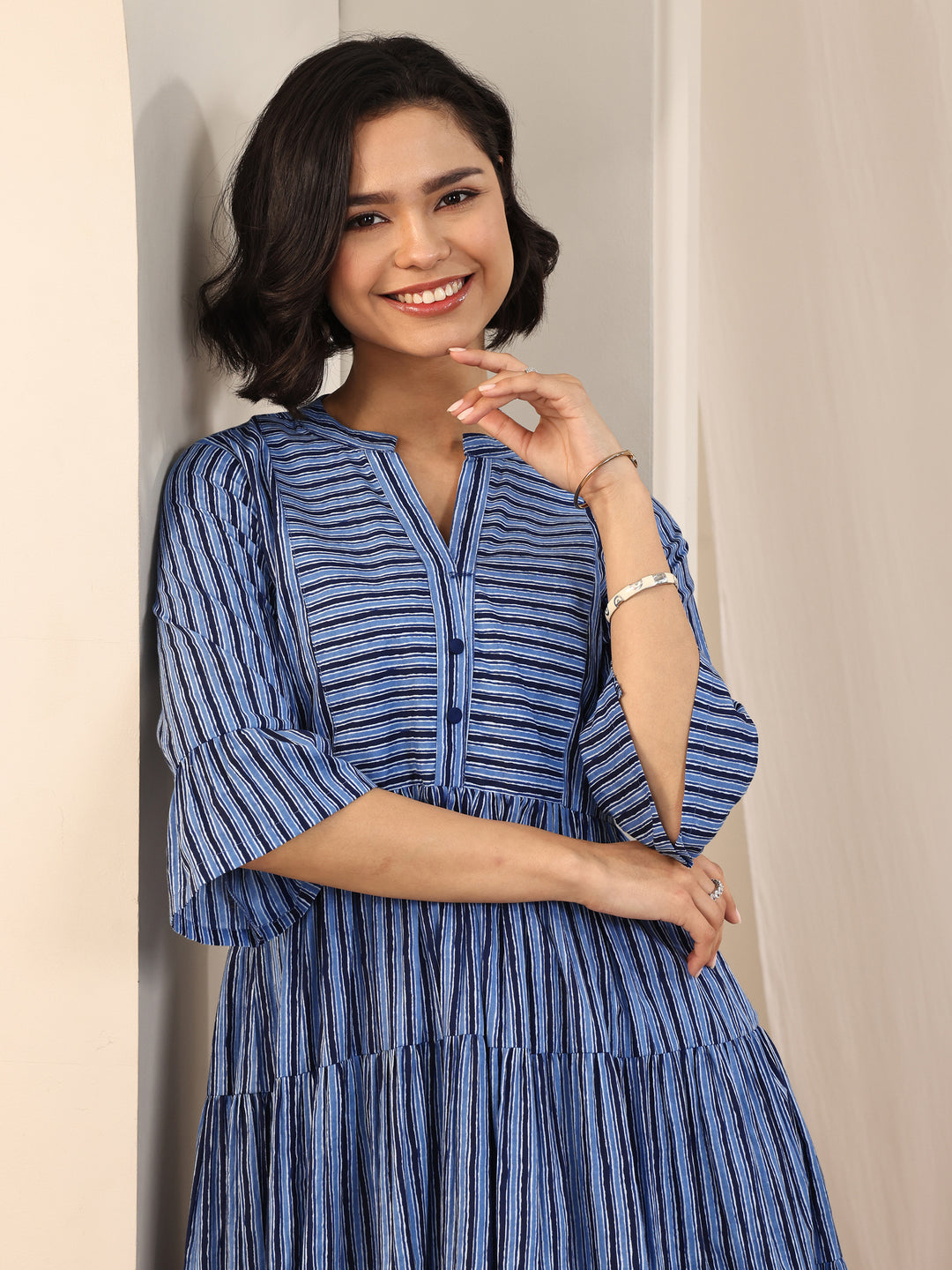 Indigo Printed Cotton Fit and Flare One Piece Dress
