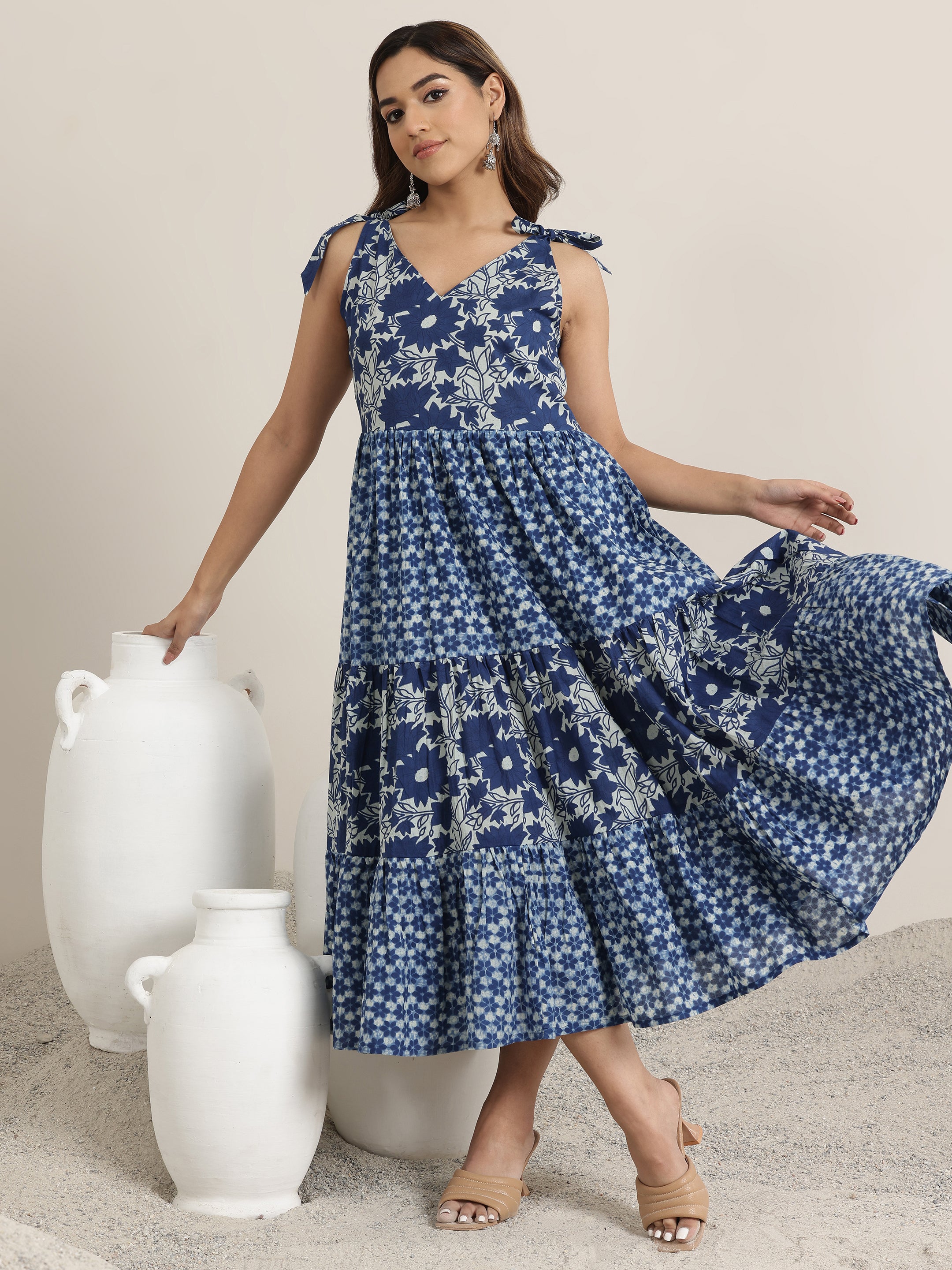 Buy Indigo Printed Cotton Fit and Flare One Piece Dress Online in USA