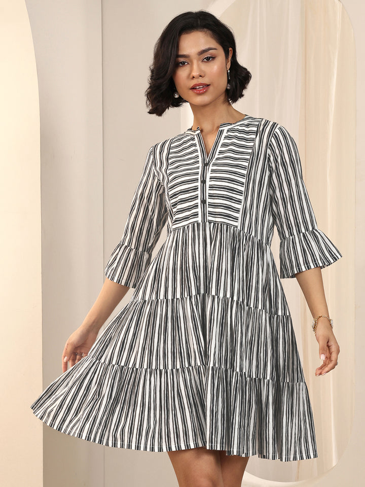 Black Printed Cotton Fit and Flare One Piece Dress