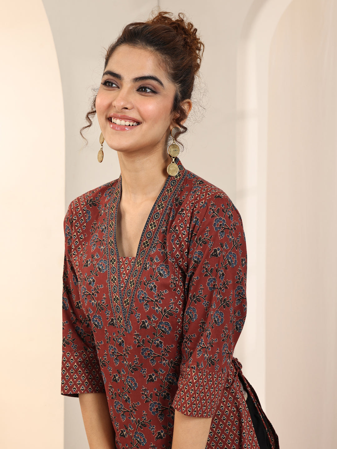 Maroon Printed Cotton Straight Kurta