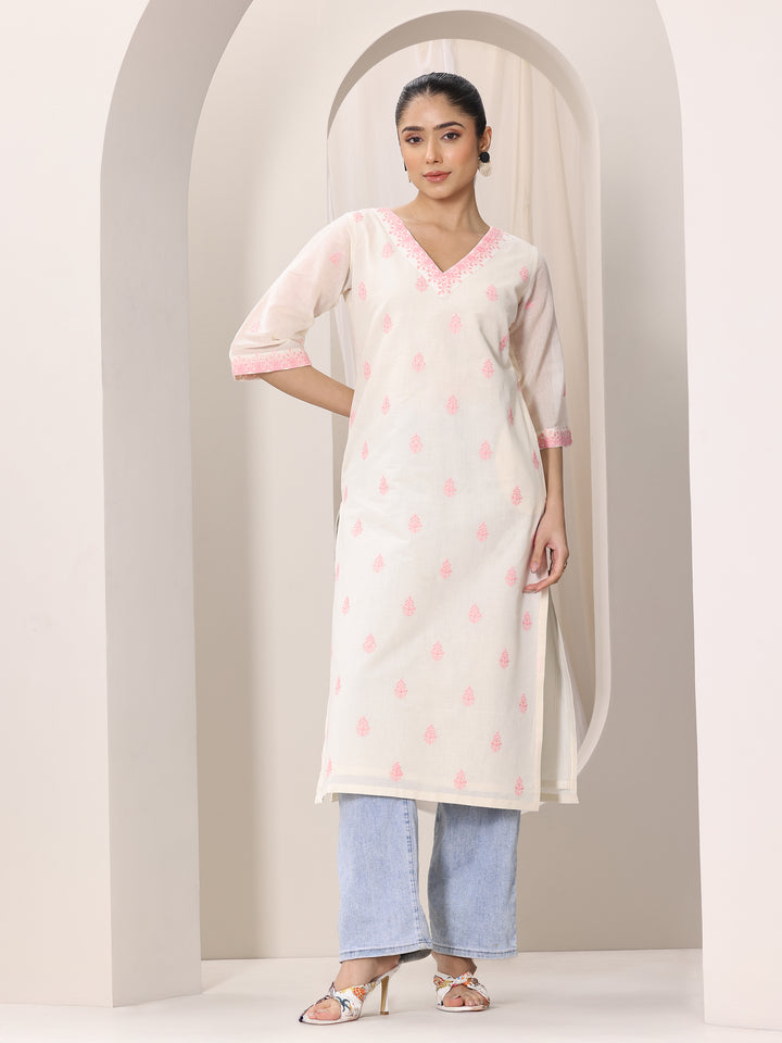 Off white Embroidered Cotton Straight Kurta