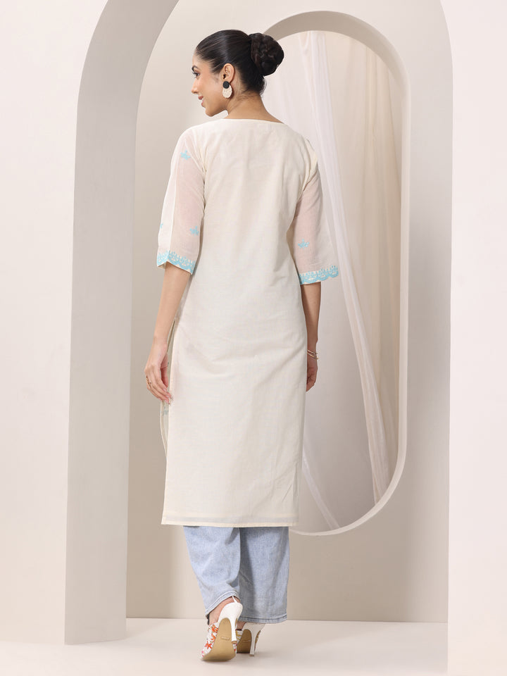 Off white Embroidered Cotton Straight Kurta