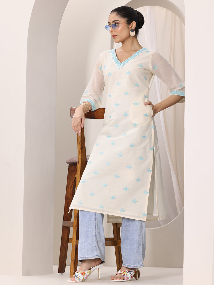 Off white Embroidered Cotton Straight Kurta