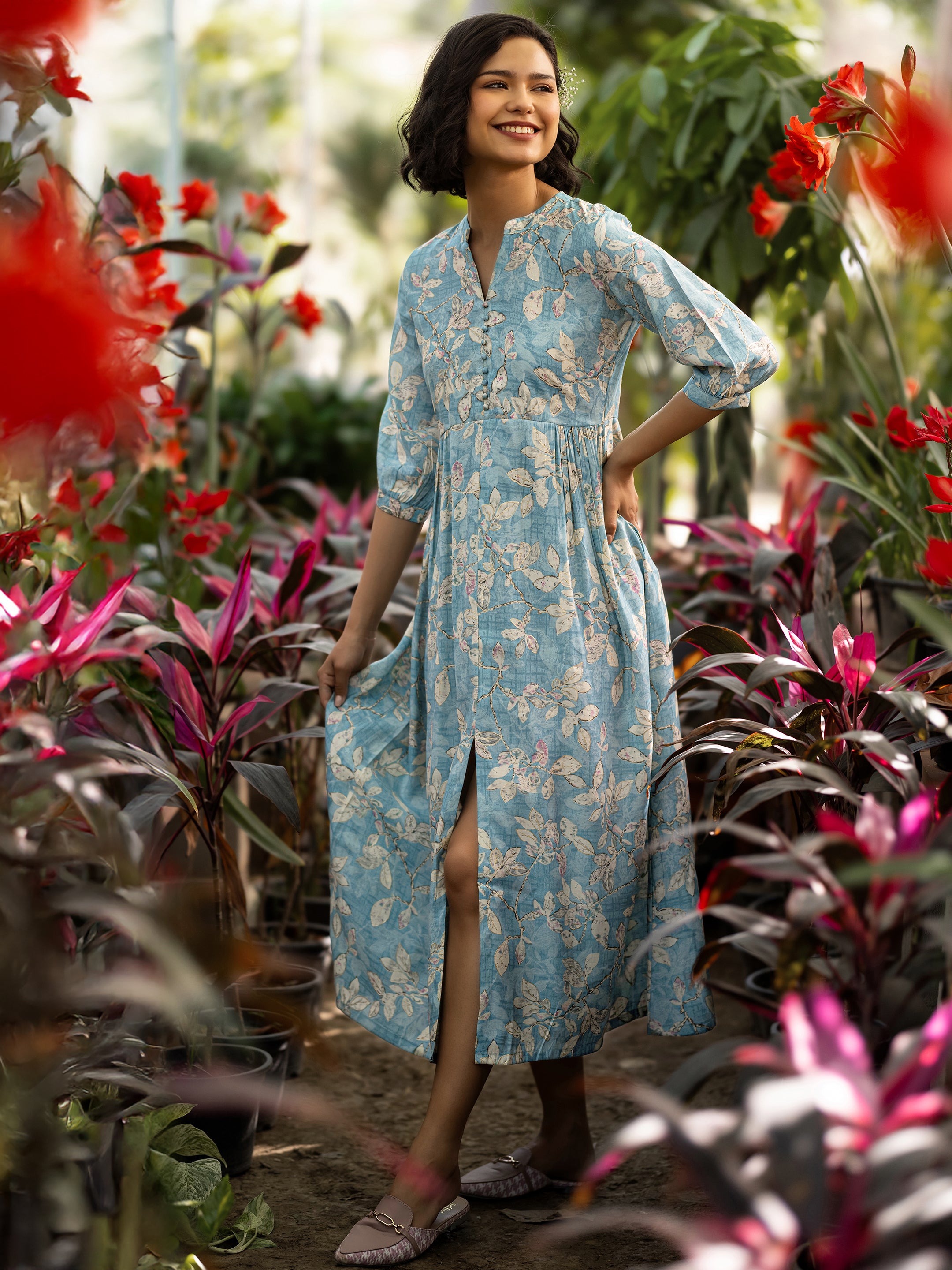 Buy Blue Printed Silk Blend A-Line One Piece Dress Online at