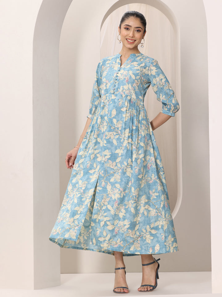 Blue Printed Silk Blend A-Line One Piece Dress