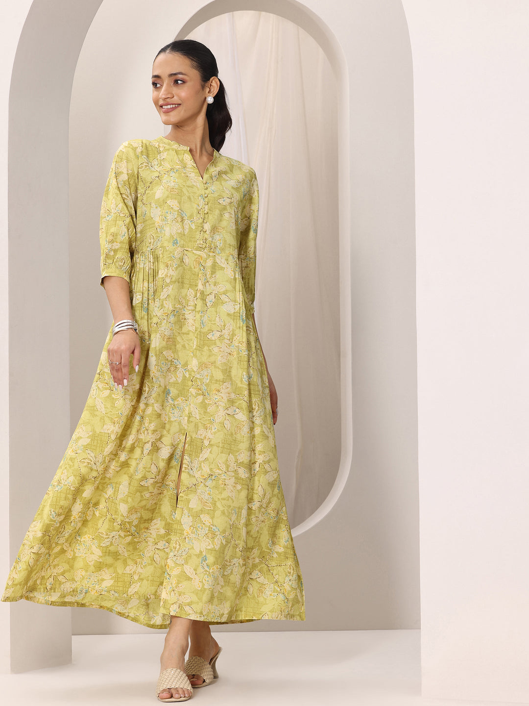 Olive Printed Silk Blend A-Line One Piece Dress