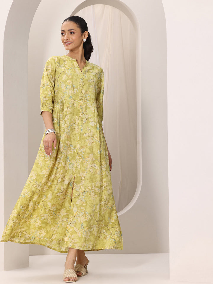 Olive Printed Silk Blend A-Line One Piece Dress