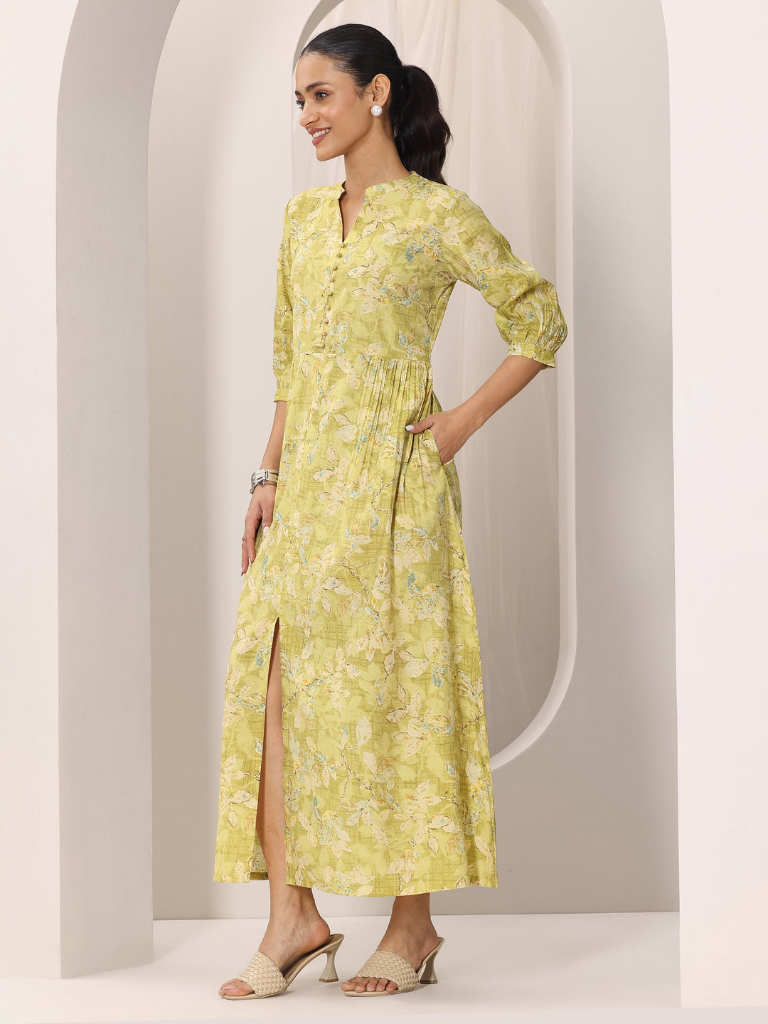 Olive Printed Silk Blend A-Line One Piece Dress