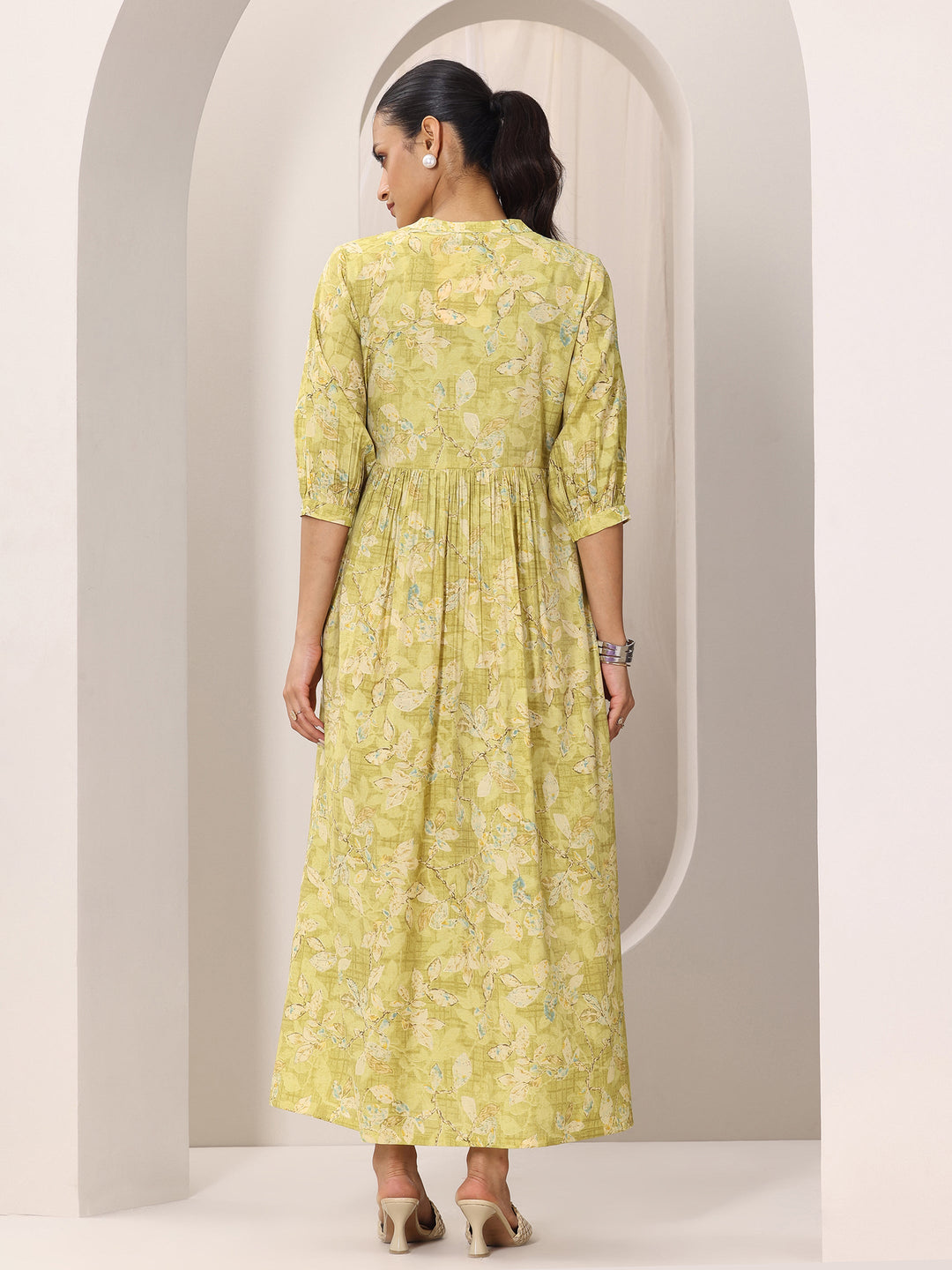 Olive Printed Silk Blend A-Line One Piece Dress