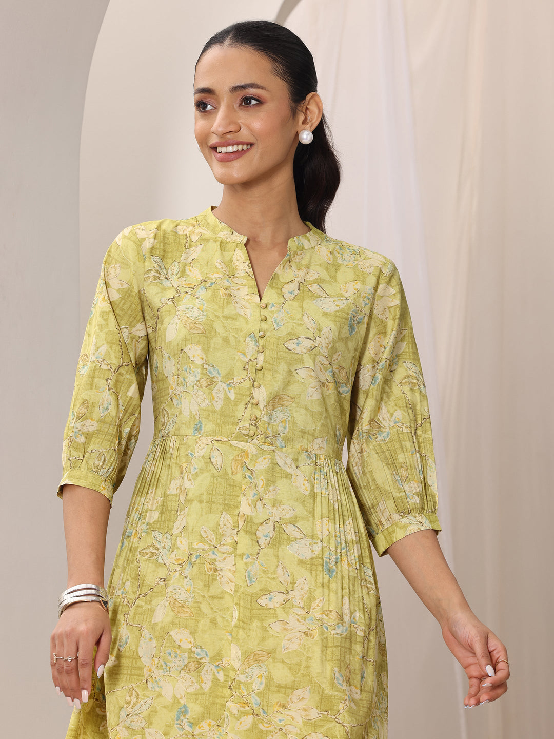 Olive Printed Silk Blend A-Line One Piece Dress