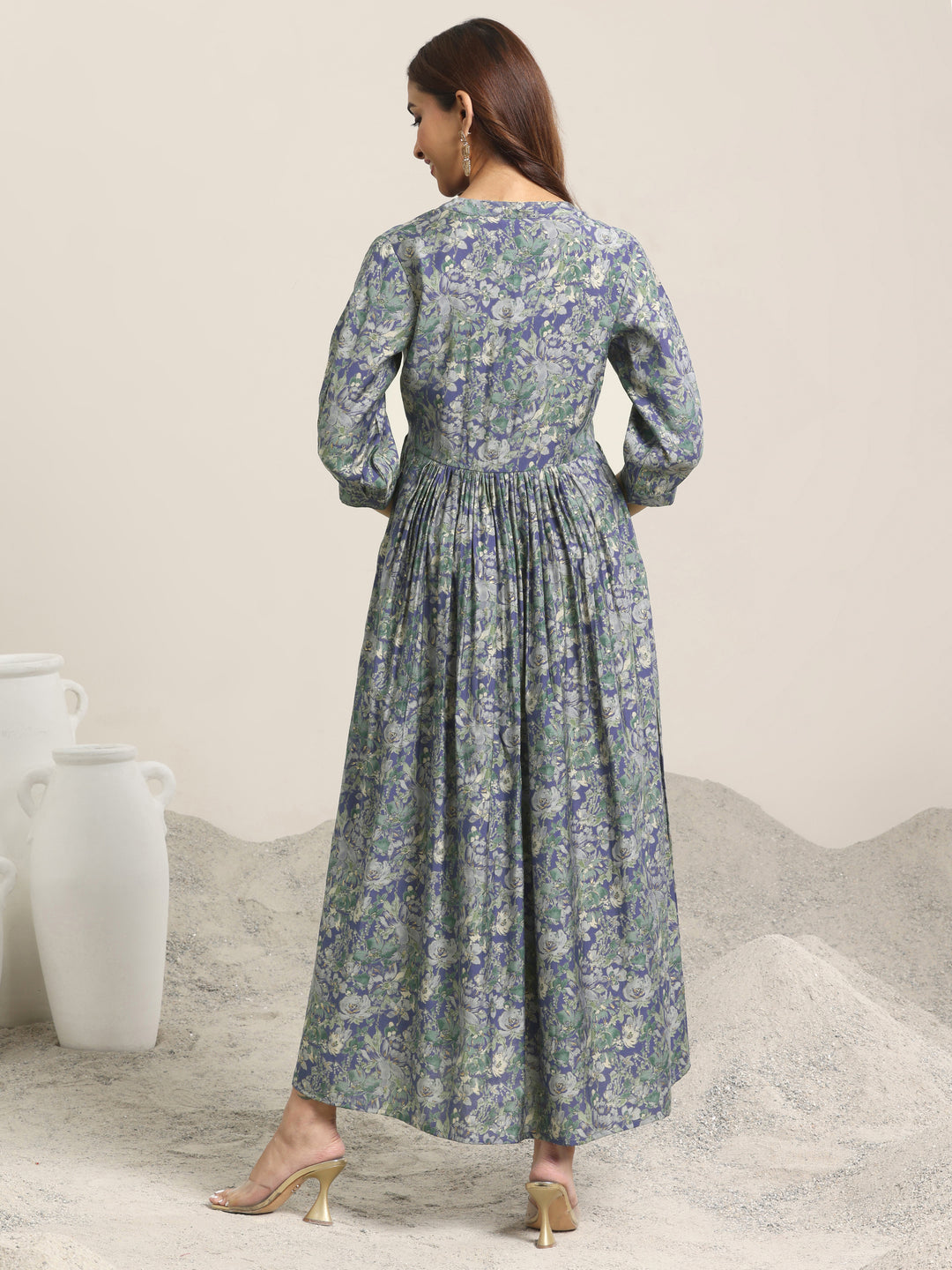 Blue Printed Silk Blend A-Line One Piece Dress