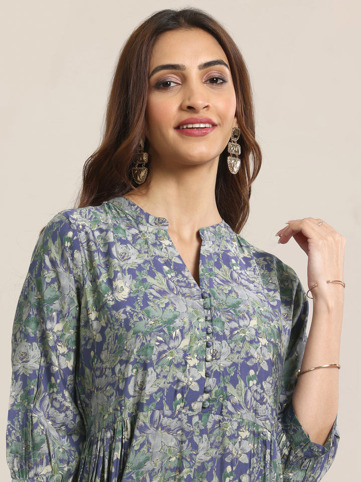 Blue Printed Silk Blend A-Line One Piece Dress