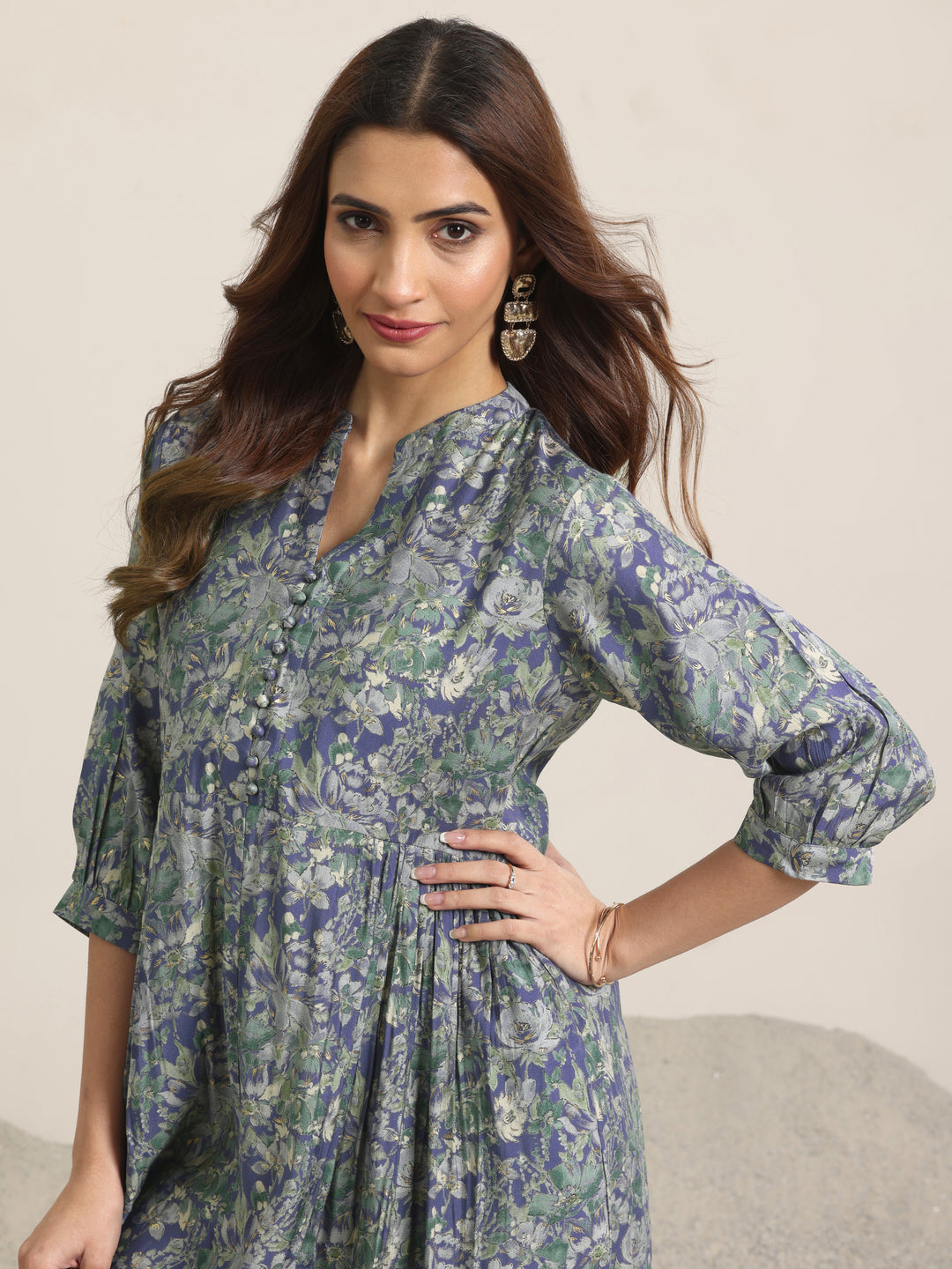 Blue Printed Silk Blend A-Line One Piece Dress