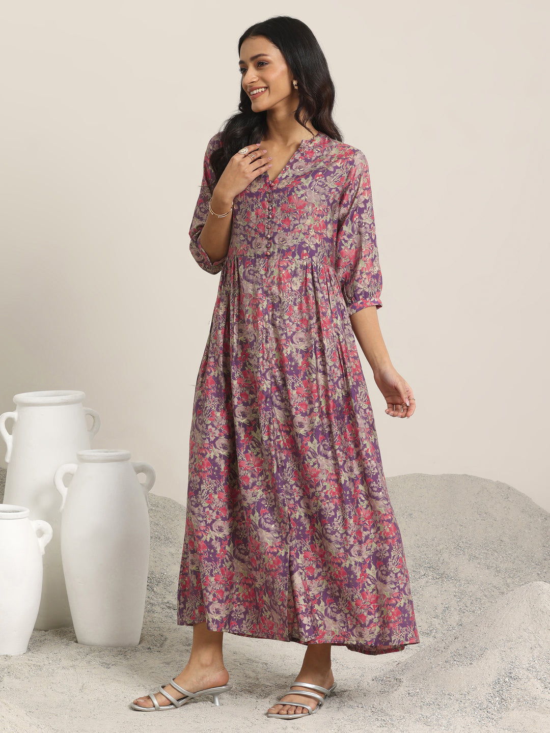 Wine Printed Silk Blend A-Line One Piece Dress