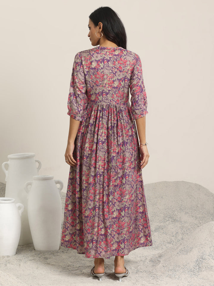 Wine Printed Silk Blend A-Line One Piece Dress