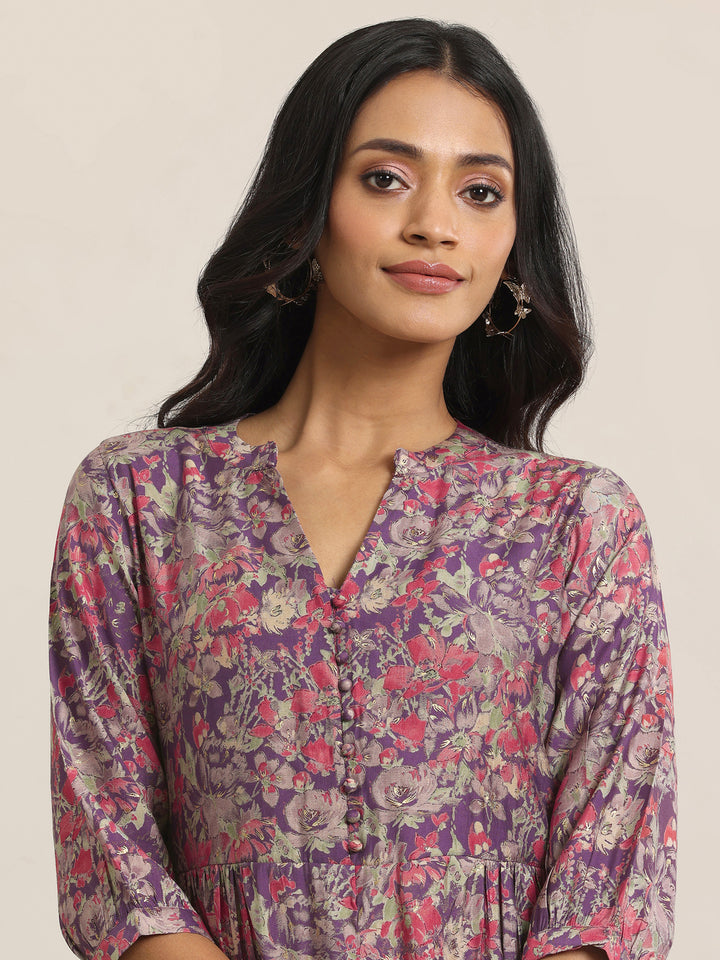 Wine Printed Silk Blend A-Line One Piece Dress