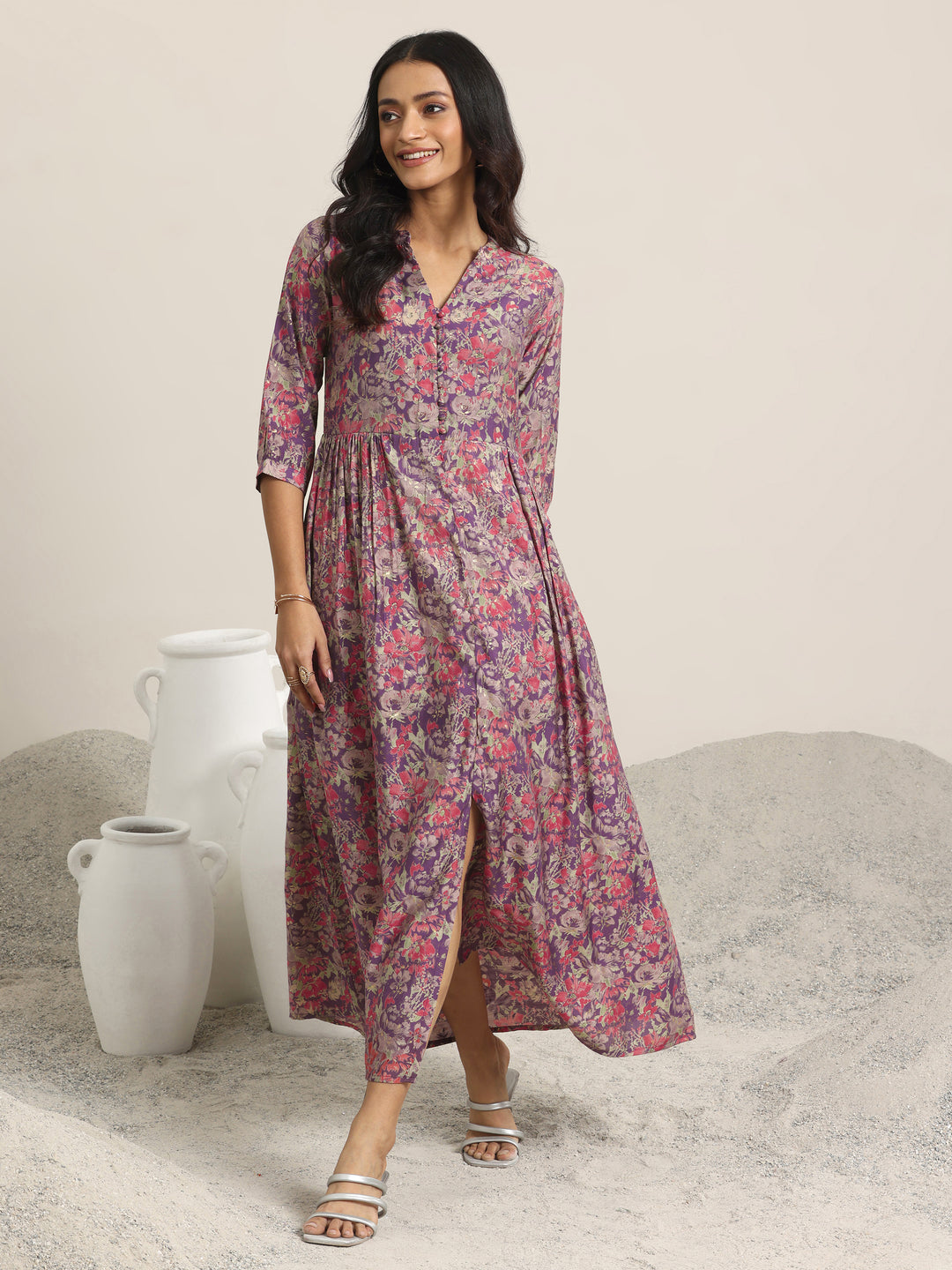 Wine Printed Silk Blend A-Line One Piece Dress