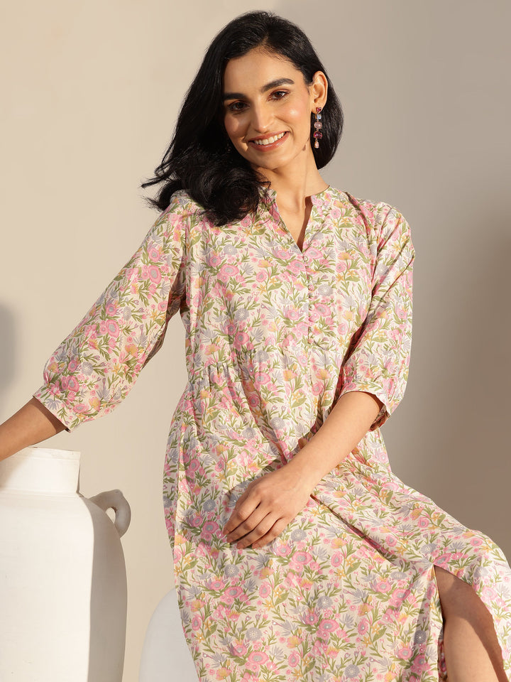 Pink Printed Silk Blend A-Line One Piece Dress