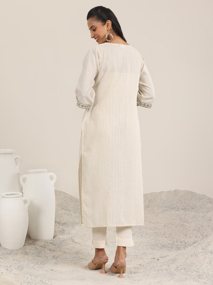 Off White Solid Cotton Blend Straight Kurta