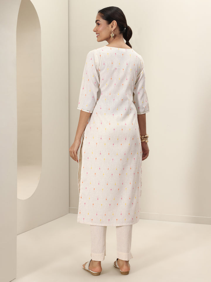 Off White Embroidered Cotton Straight Kurta