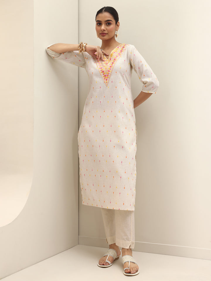 Off White Embroidered Cotton Straight Kurta