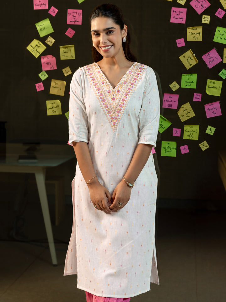 Off White Embroidered Cotton Straight Kurta