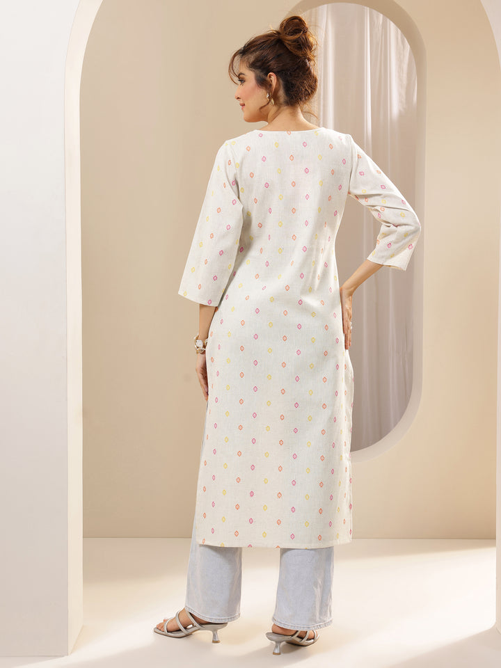Off White Embroidered Cotton Straight Kurta