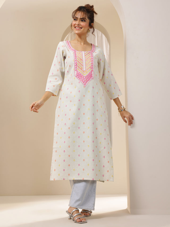 Off White Embroidered Cotton Straight Kurta