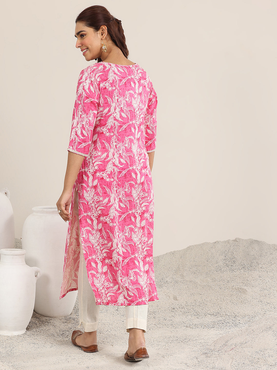 Pink Printed Rayon Straight Kurta