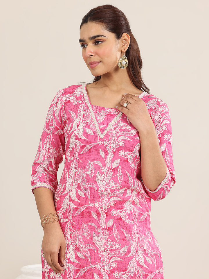 Pink Printed Rayon Straight Kurta
