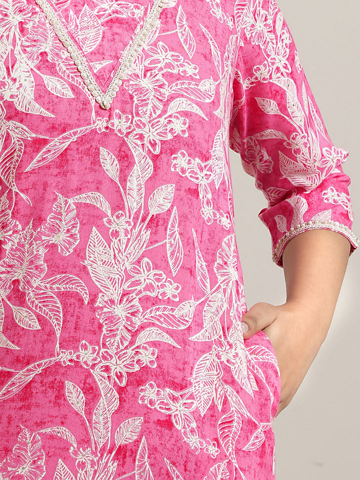Pink Printed Rayon Straight Kurta