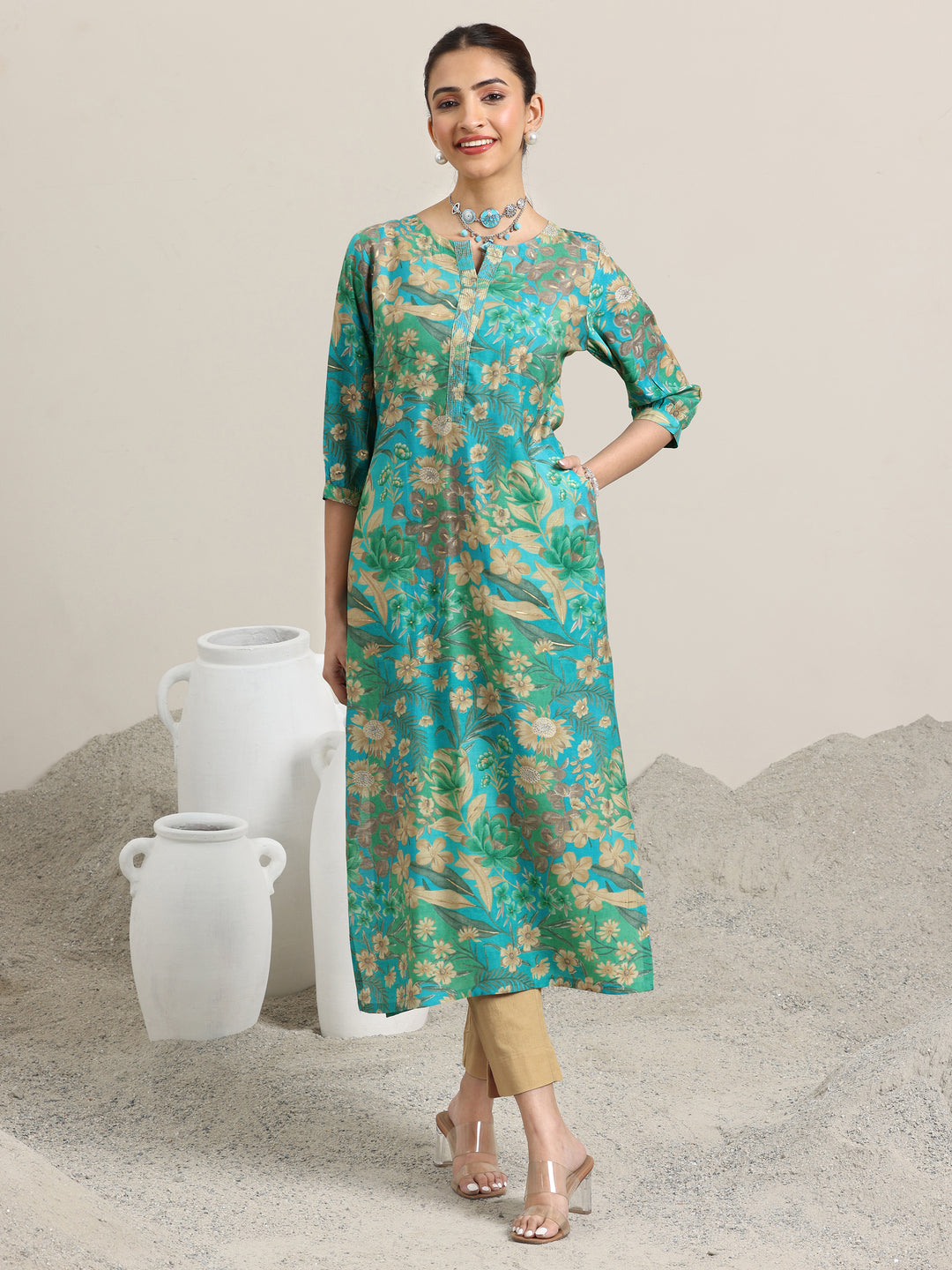 Blue Printed Silk Blend Straight Kurta