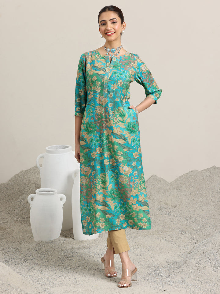 Blue Printed Silk Blend Straight Kurta