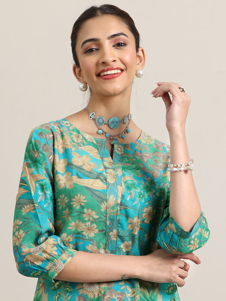 Blue Printed Silk Blend Straight Kurta