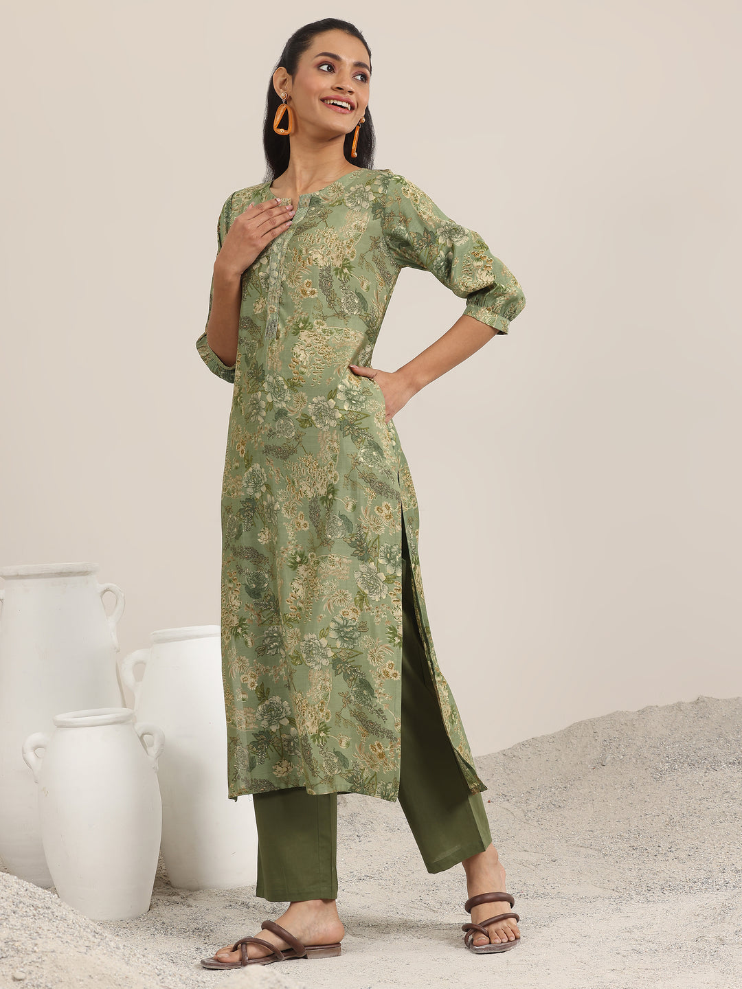 Green Printed Silk Blend Straight Kurta