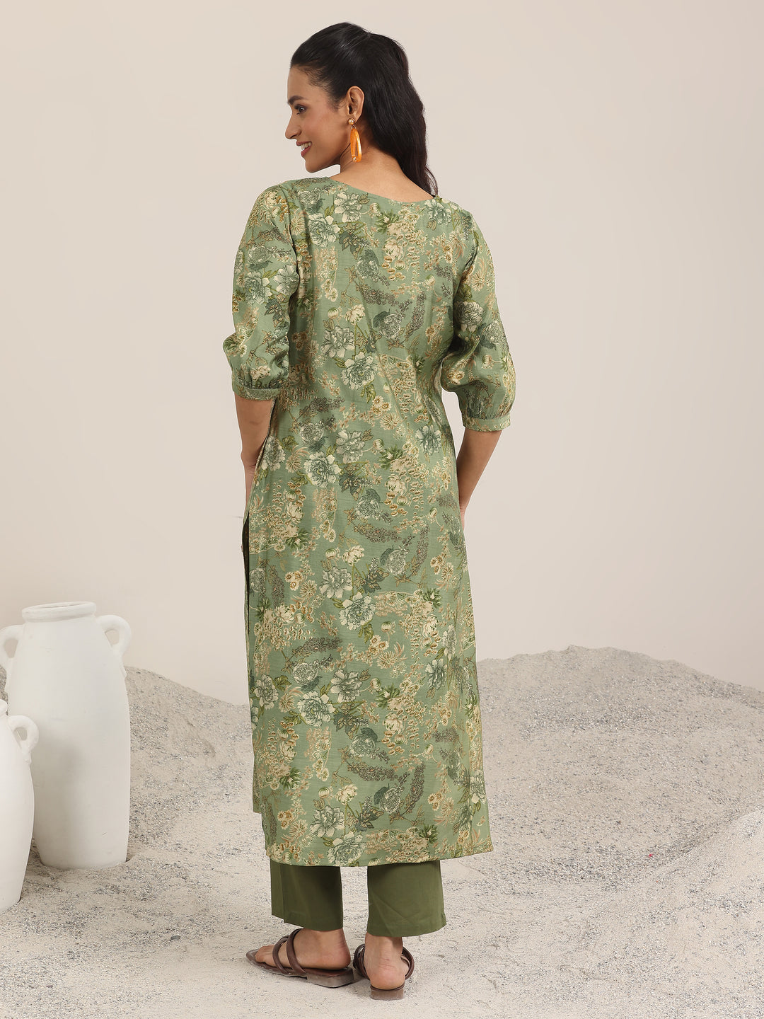 Green Printed Silk Blend Straight Kurta