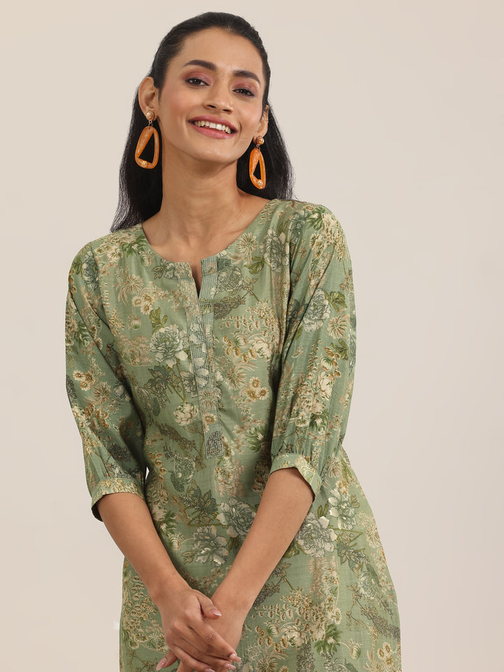 Green Printed Silk Blend Straight Kurta