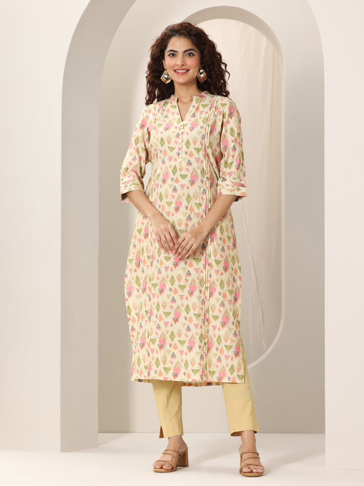 Beige Printed Silk Blend Straight Kurta