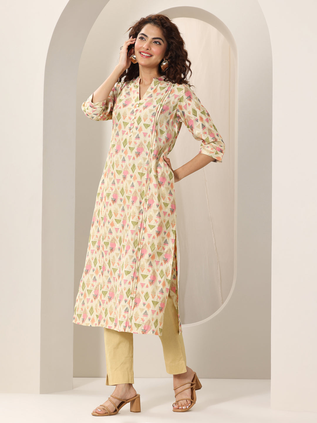 Beige Printed Silk Blend Straight Kurta