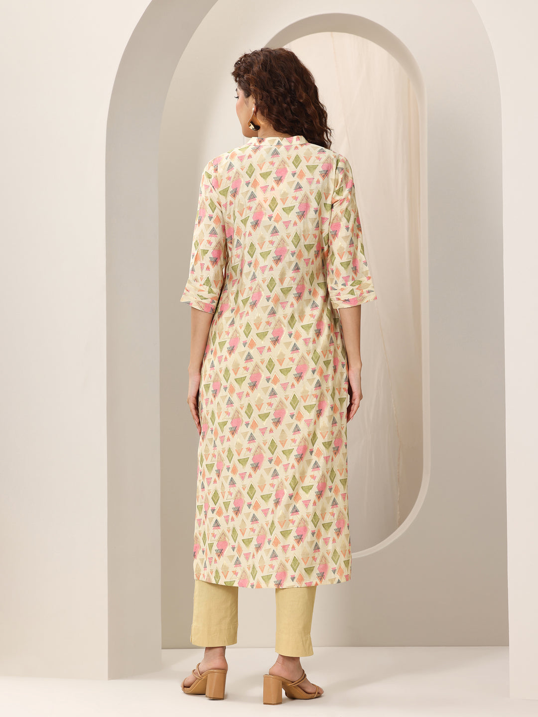 Beige Printed Silk Blend Straight Kurta