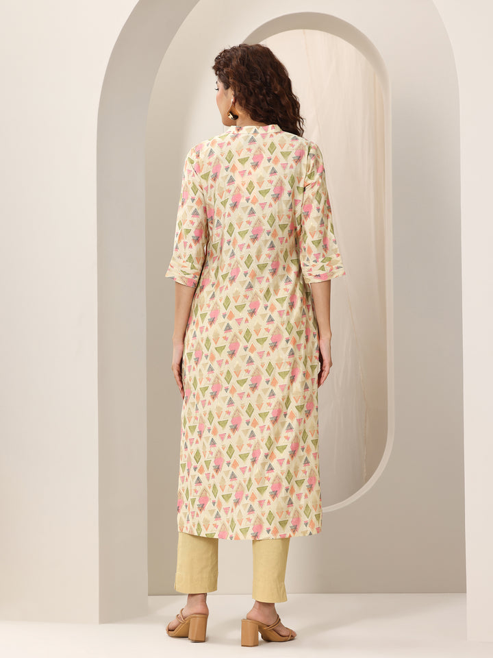 Beige Printed Silk Blend Straight Kurta