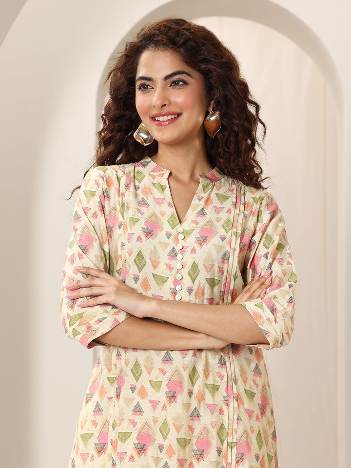 Beige Printed Silk Blend Straight Kurta