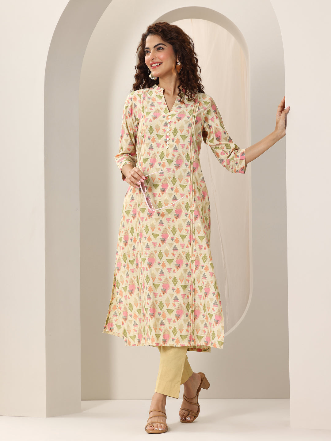 Beige Printed Silk Blend Straight Kurta