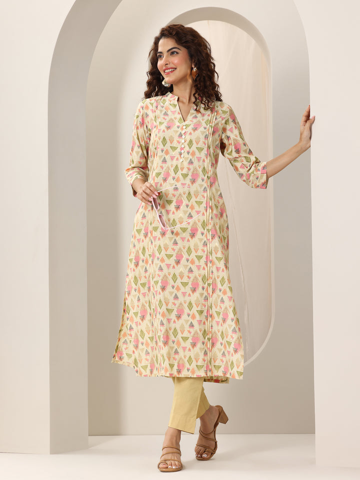 Beige Printed Silk Blend Straight Kurta