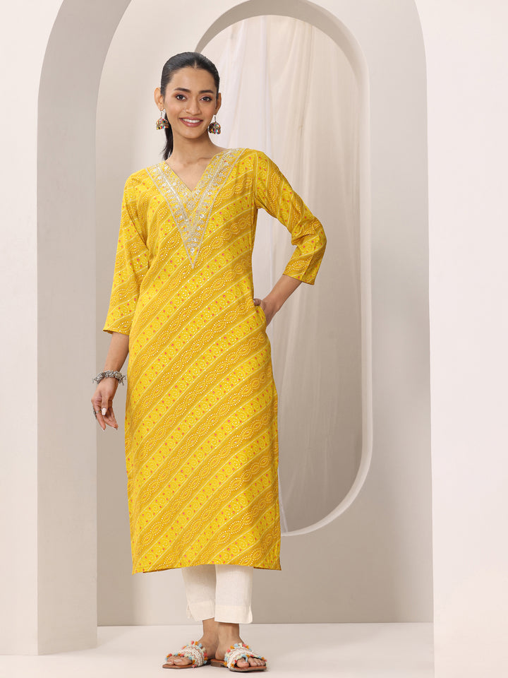 Mustard Printed Silk Blend Straight Kurta