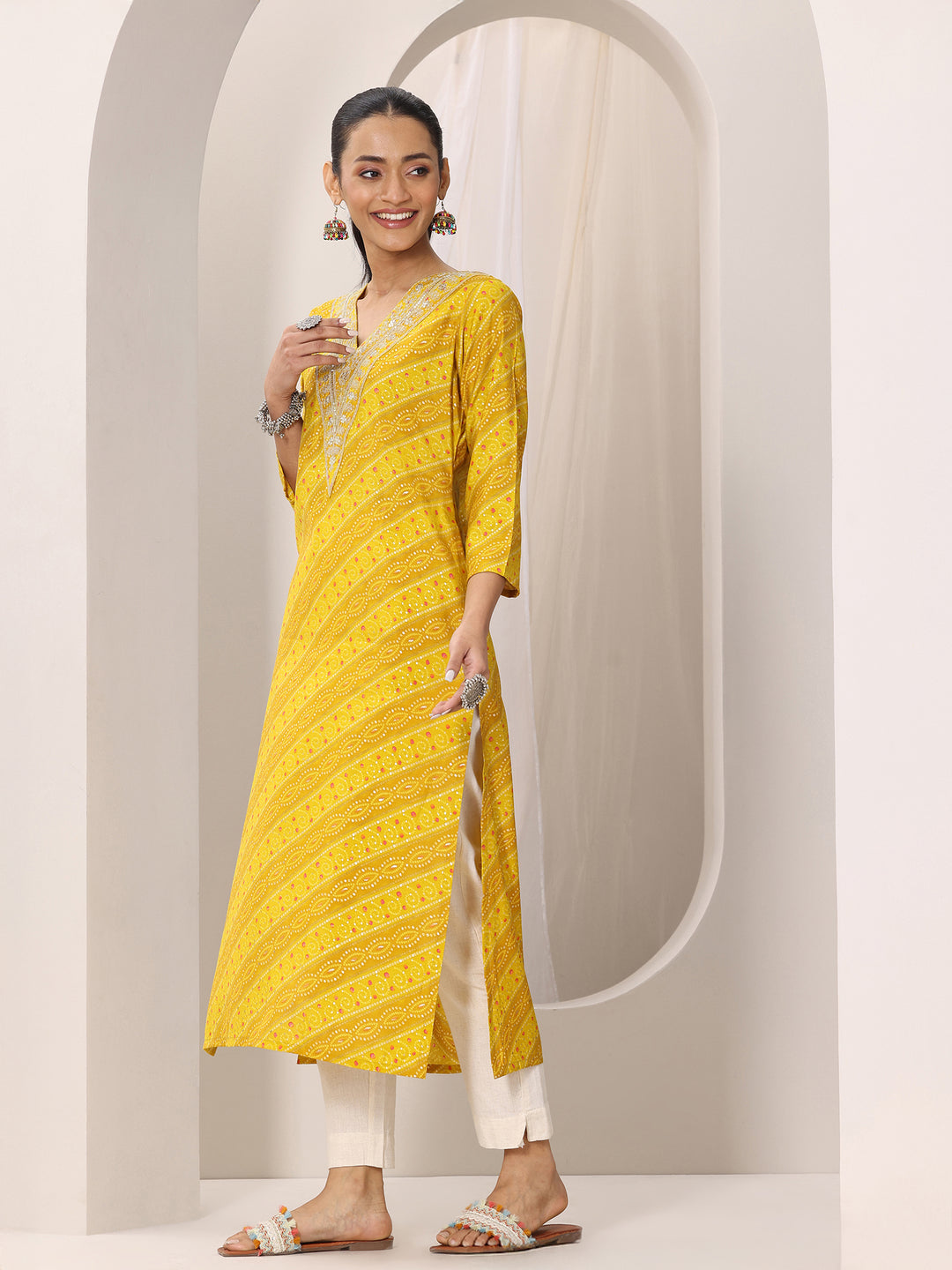 Mustard Printed Silk Blend Straight Kurta