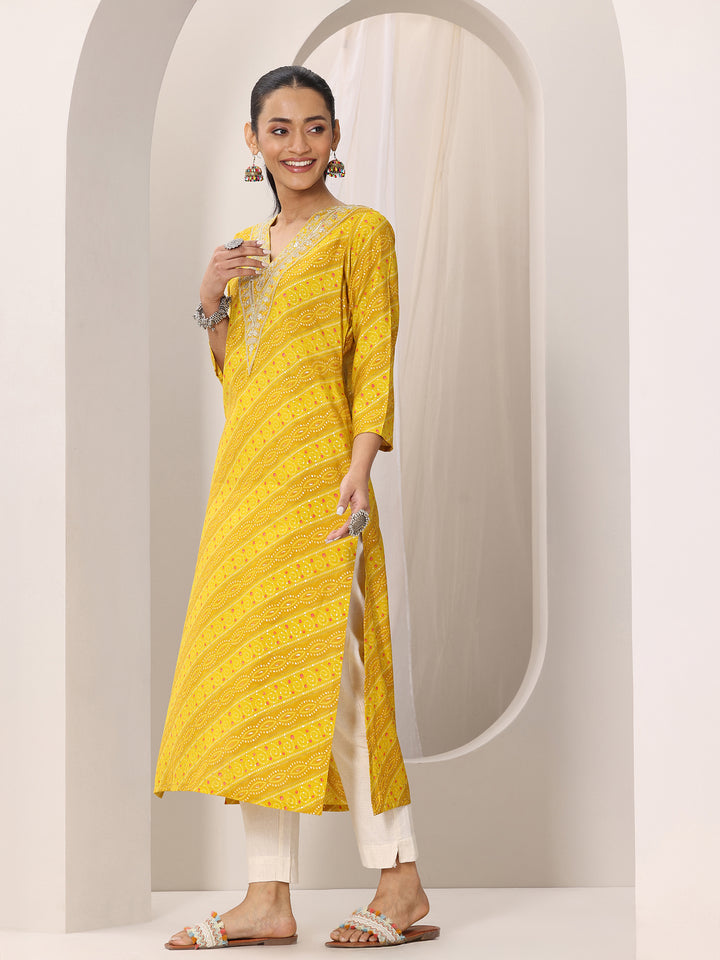 Mustard Printed Silk Blend Straight Kurta